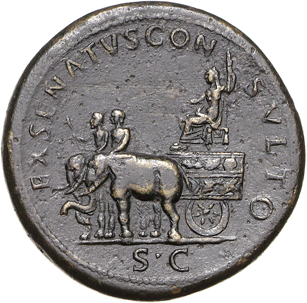 RIC II Trajan 750 Trajan reverse, Marciana? or Vesta? seated in elephant driven car right, holding patera and sceptre