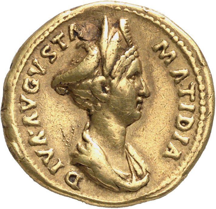 RIC II Trajan 751 Trajan obverse, Bust of Matidia, draped, right; hair coiled and jeweled on top of head; hair in front de...