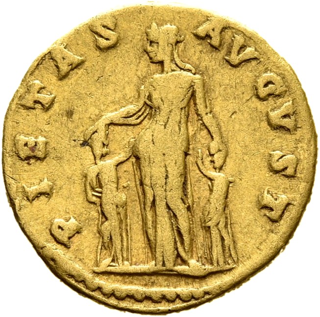 RIC II Trajan 759 (aureus) Trajan reverse, Matidia standing front, head left, placing her hands on the heads of Sabina and...