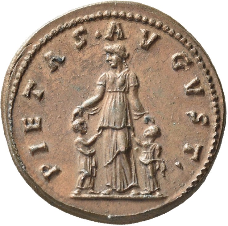 RIC II Trajan 759 (aureus) Trajan reverse, Matidia standing front, head left, placing her hands on the heads of Sabina and...
