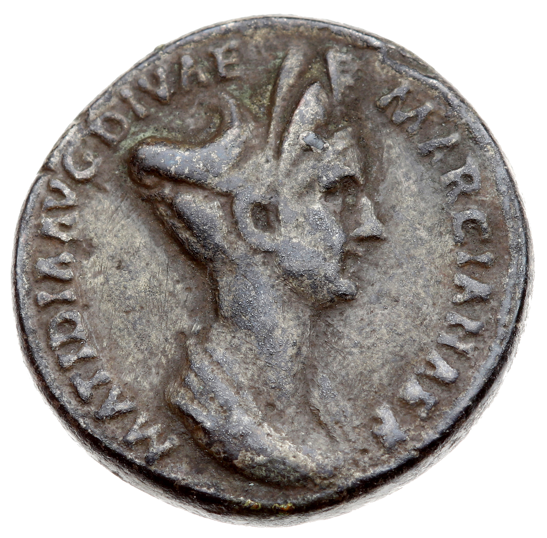 RIC II Trajan 759 (denarius) Trajan obverse, Bust of Matidia, draped, right; hair coiled and jeweled on top of head; hair ...