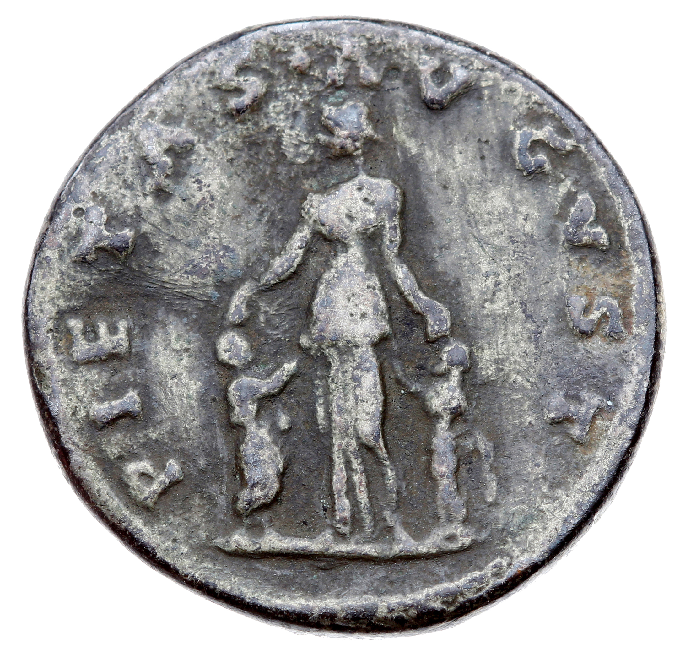 RIC II Trajan 759 (denarius) Trajan reverse, Matidia standing front, head left, placing her hands on the heads of Sabina a...