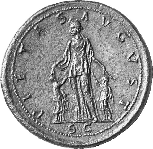 RIC II Trajan 761 Trajan reverse, Matidia standing front, head left, placing her hands on the heads of Sabina and Matidia ...