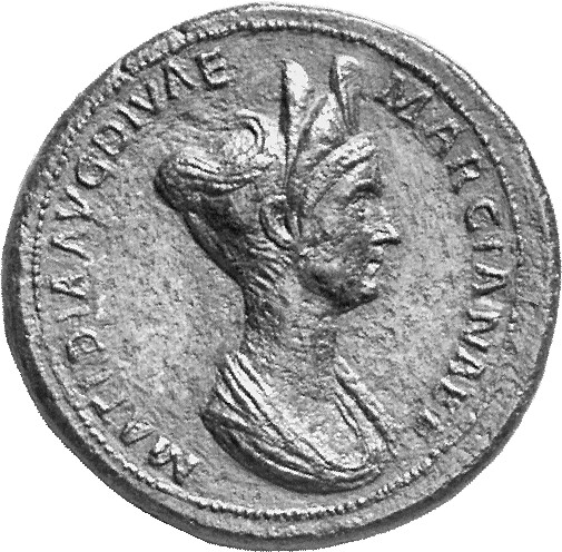 RIC II Trajan 761 Trajan obverse, Bust of Matidia, draped, right; hair coiled and jeweled on top of head; hair in front de...