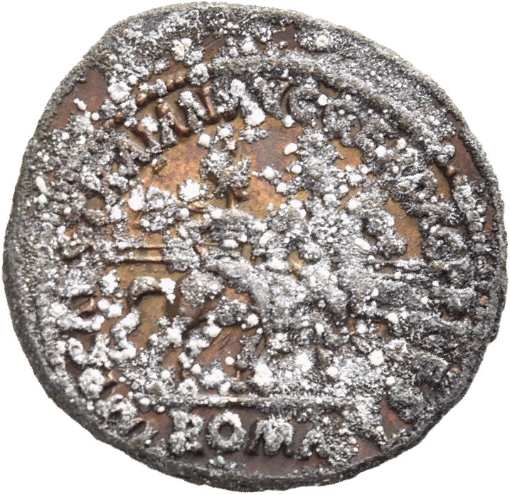RIC II Trajan 767 Trajan reverse, Castor and Pollux riding right; female head below