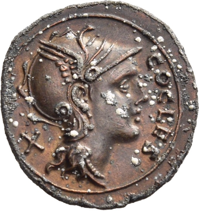 RIC II Trajan 767 Trajan obverse, Head of Roma, helmeted, right; X behind