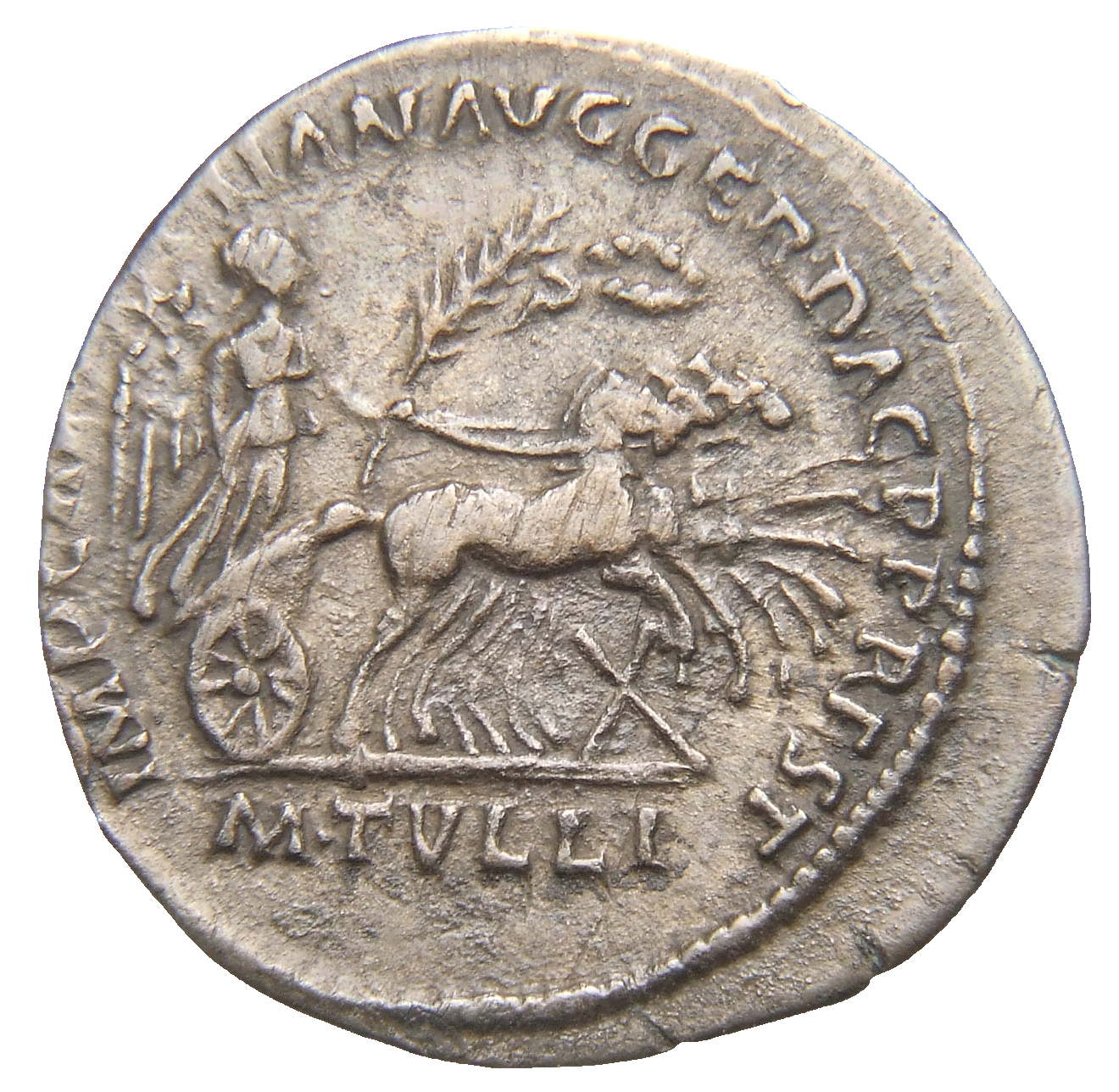 RIC II Trajan 769 Trajan reverse, Victory standing in quadriga right, holding palm; wreath above; X below