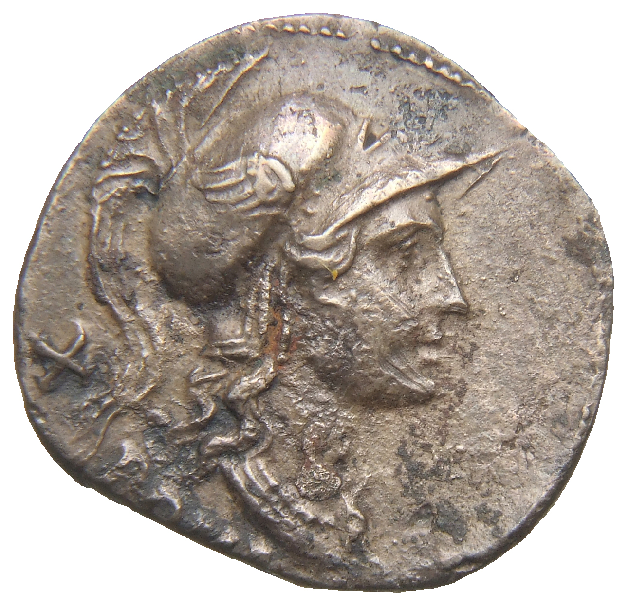 RIC II Trajan 771 Trajan obverse, Head of Roma, helmeted, right; X behind