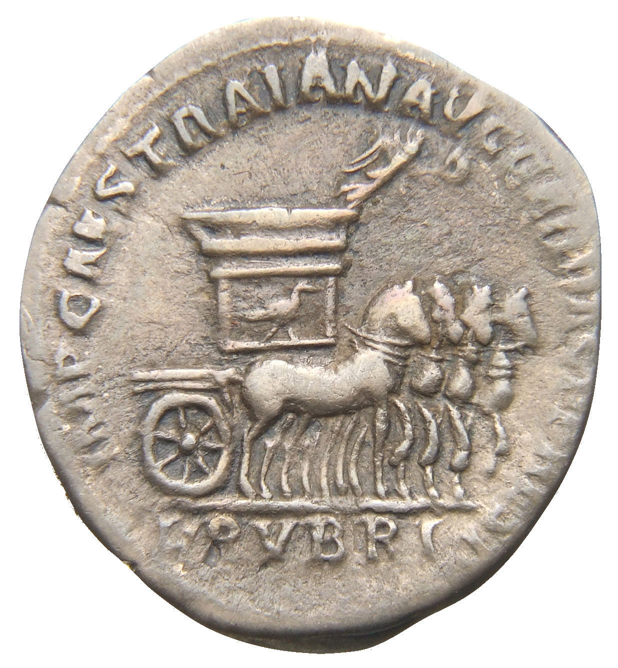 RIC II Trajan 777 Trajan reverse, Small Victory in quadriga, right