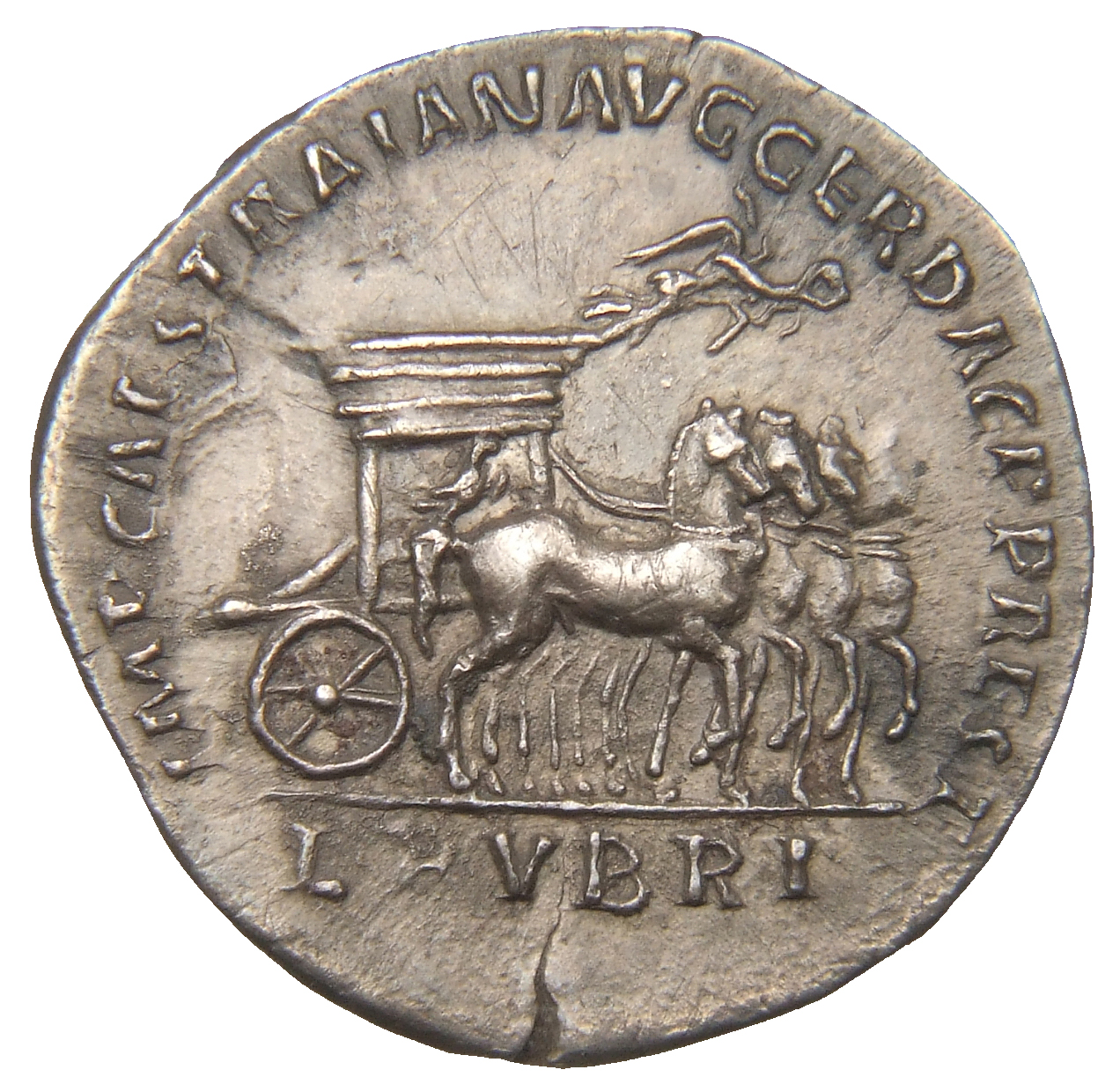 RIC II Trajan 778 Trajan reverse, Small Victory in quadriga, right