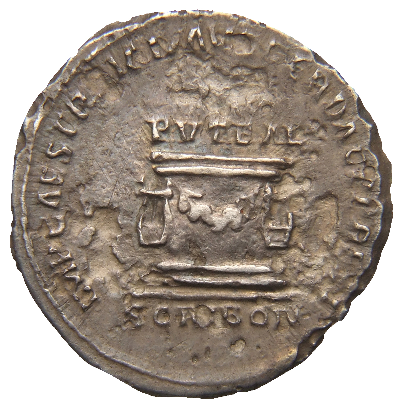 RIC II Trajan 787 Trajan reverse, Puteal decorated with lyres and garlands