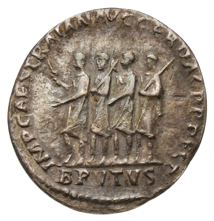 RIC II Trajan 797 Trajan reverse, Marcus Junius Brutus walking left, flanked by two lictors and preceded by herald