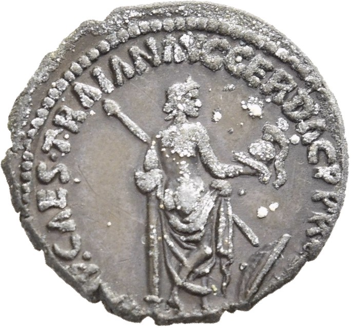 RIC II Trajan 806 Trajan reverse, Venus standing right leaning on column, holding helmet and spear; shield at feet