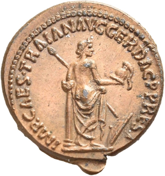 RIC II Trajan 806 Trajan reverse, Venus standing right leaning on column, holding helmet and spear; shield at feet