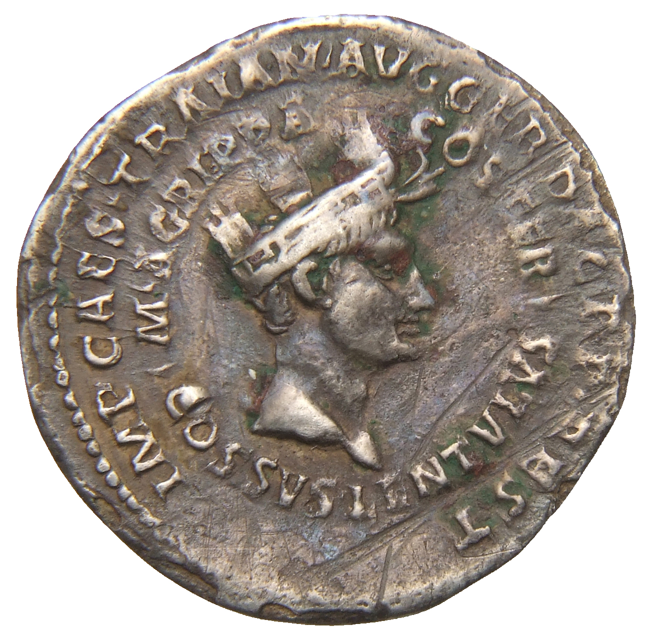 RIC II Trajan 818 Trajan reverse, Head of Agrippa, wearing rostral and mural crown, right