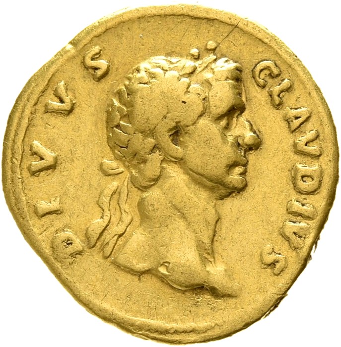 RIC II Trajan 823 Trajan obverse, Head of Divus Claudius, laureate, right