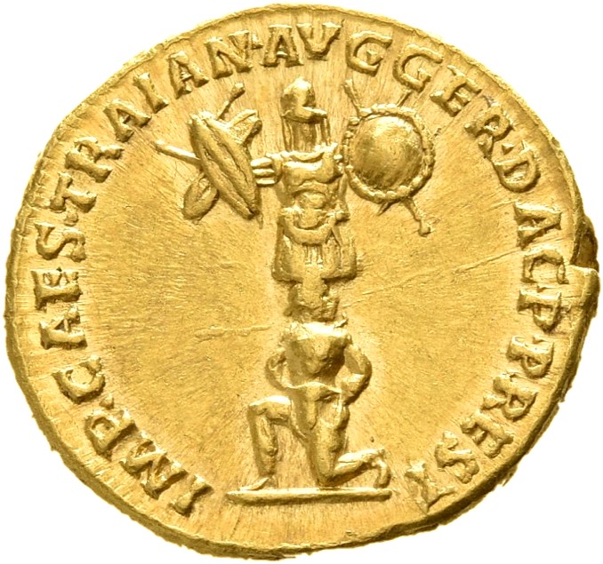 RIC II Trajan 826 Trajan reverse, Captive kneeling left below trophy