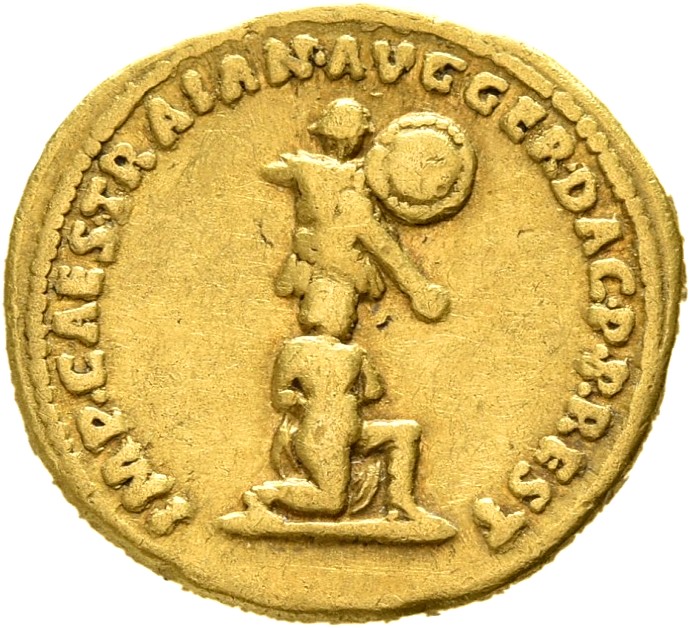 RIC II Trajan 827 Trajan reverse, Captive kneeling right below trophy