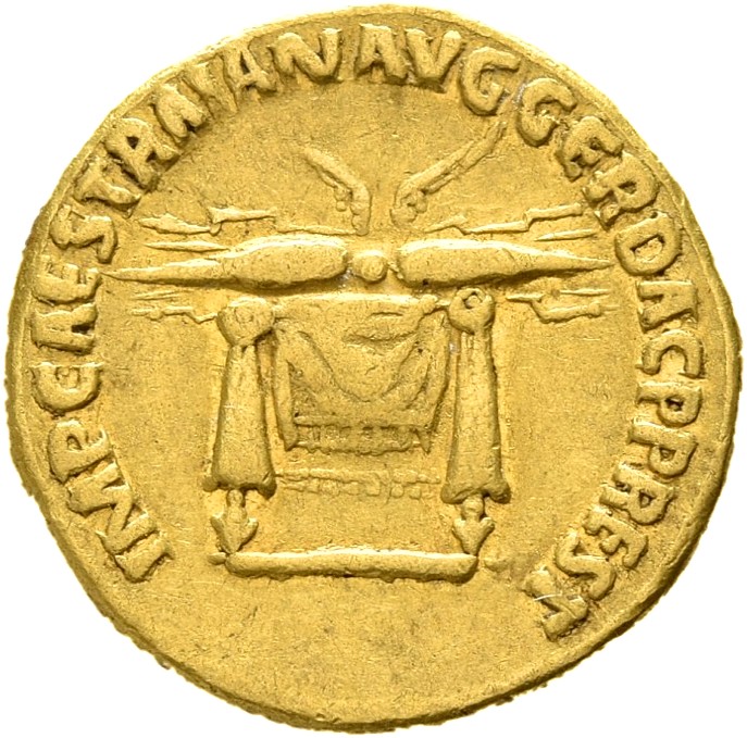 RIC II Trajan 829 Trajan reverse, Winged thunderbolt set on draped throne