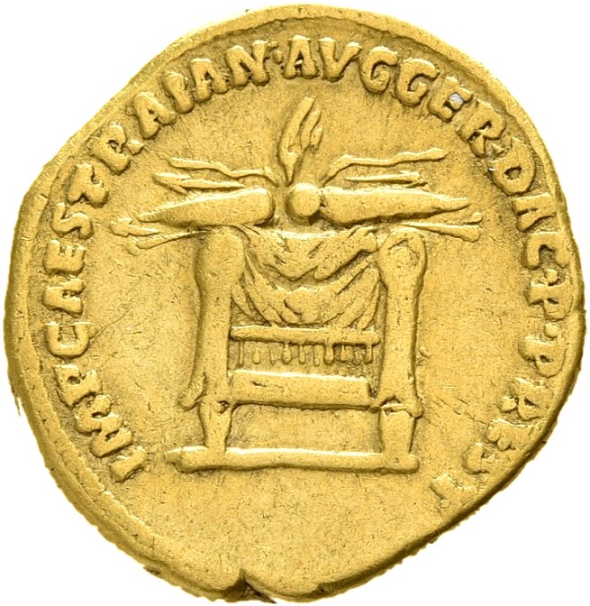 RIC II Trajan 833 Trajan reverse, Winged thunderbolt set on draped throne