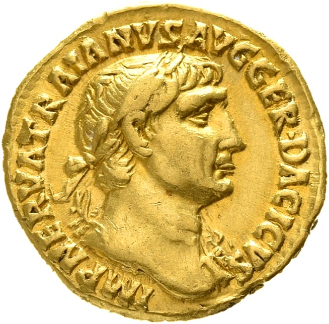 RIC II Trajan 89 (aureus) Trajan obverse, Bust of Trajan, laureate, right (sometimes draped on left shoulder)