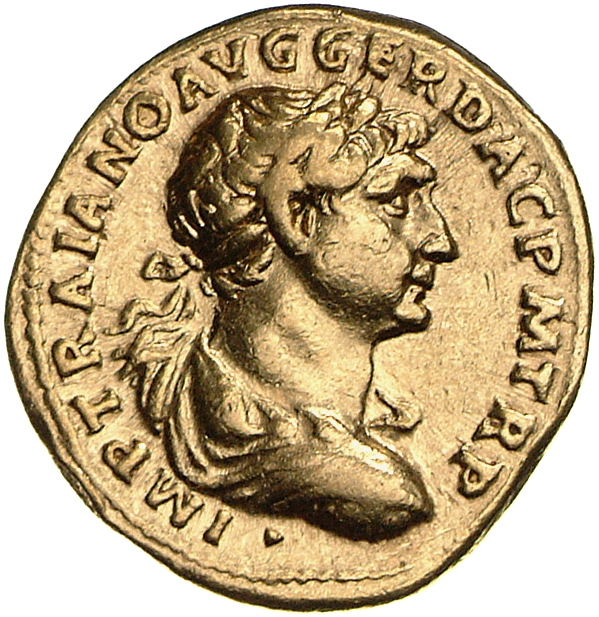 RIC II Trajan 93 Trajan obverse, Bust of Trajan, laureate, draped, right