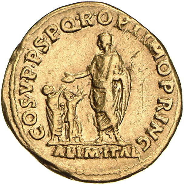 RIC II Trajan 93 Trajan reverse, Trajan standing left and extending his hand to two children