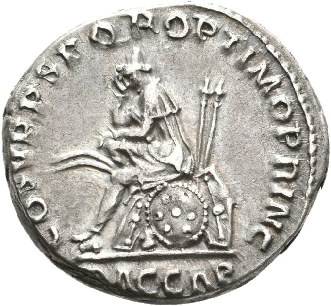 RIC II Trajan 98 Trajan reverse, Dacian seated left on a pile of arms in an attitude of mourning; round him, left and righ...