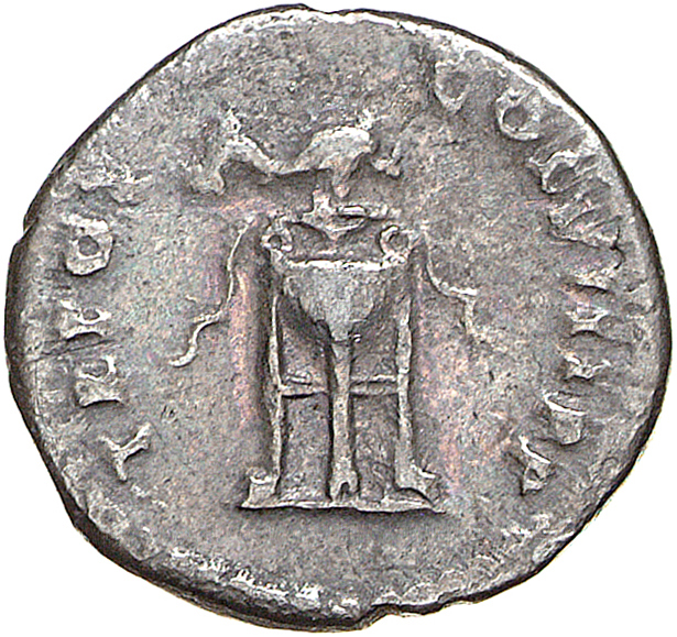 RIC II, Part 1 (second edition) Domitian 102 Domitian reverse, Tripod with fillets; dolphin above