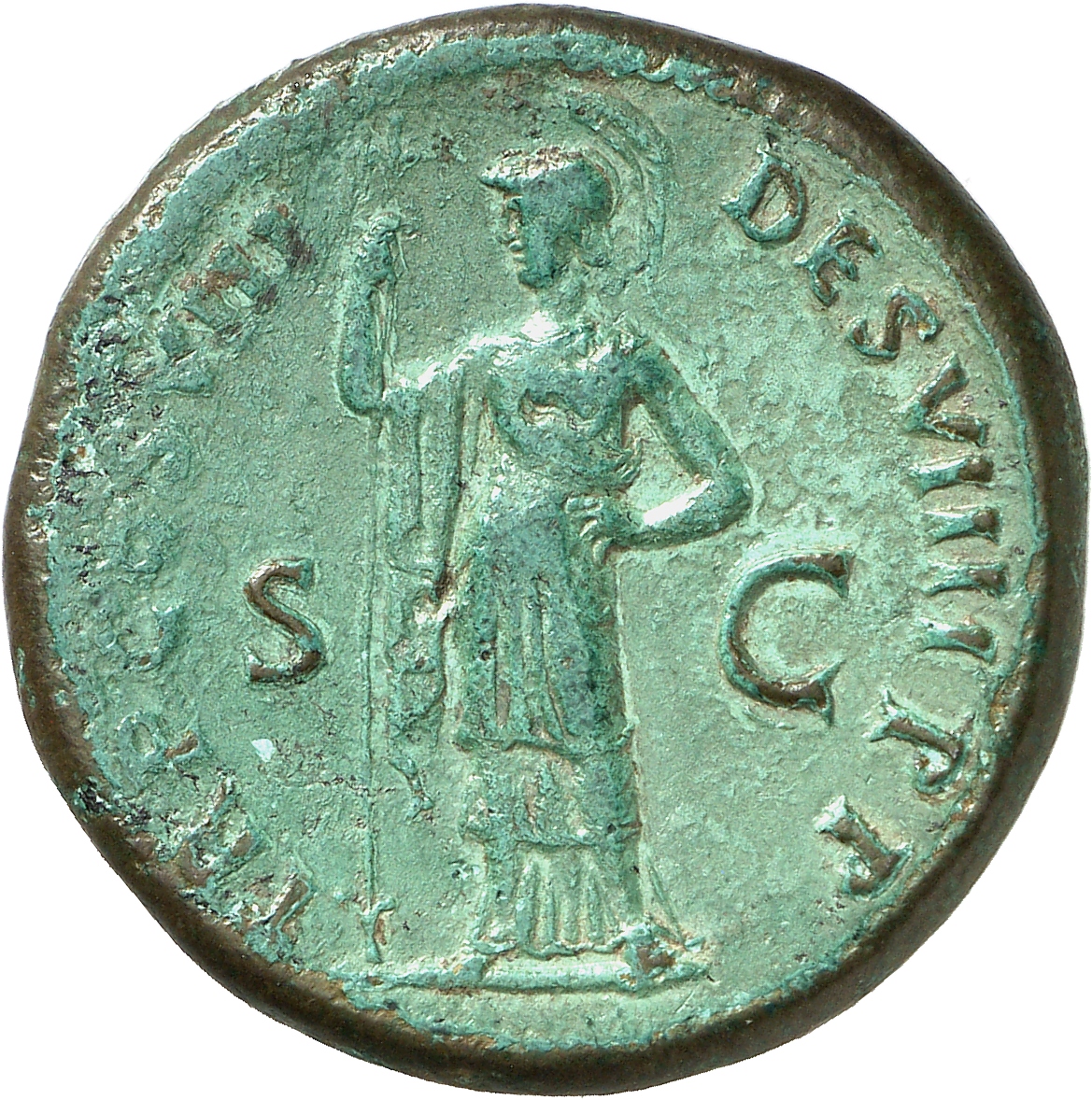 RIC II, Part 1 (second edition) Domitian 105 Domitian reverse — Minerva, helmeted, draped, standing left, holding vertical...