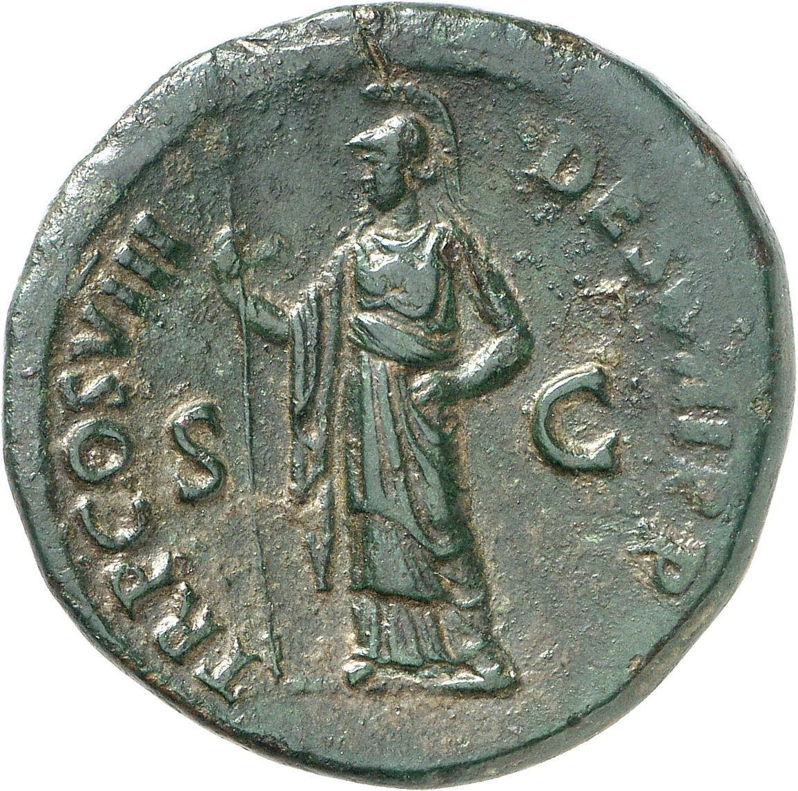RIC II, Part 1 (second edition) Domitian 106 Domitian reverse, Minerva, helmeted, draped, standing left, holding vertical ...