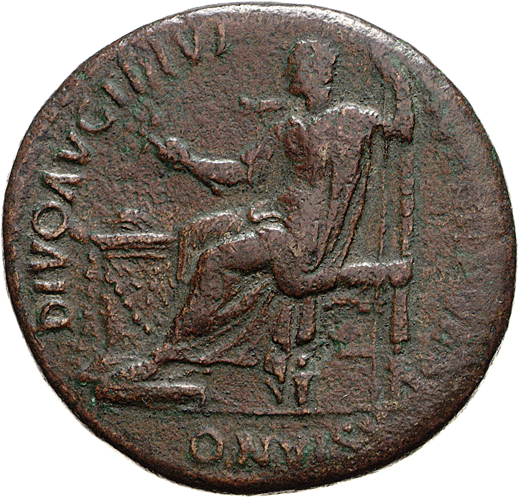 RIC II, Part 1 (second edition) Domitian 127 Domitian obverse, Divus Titus seated left, holding branch and sceptre; altar ...