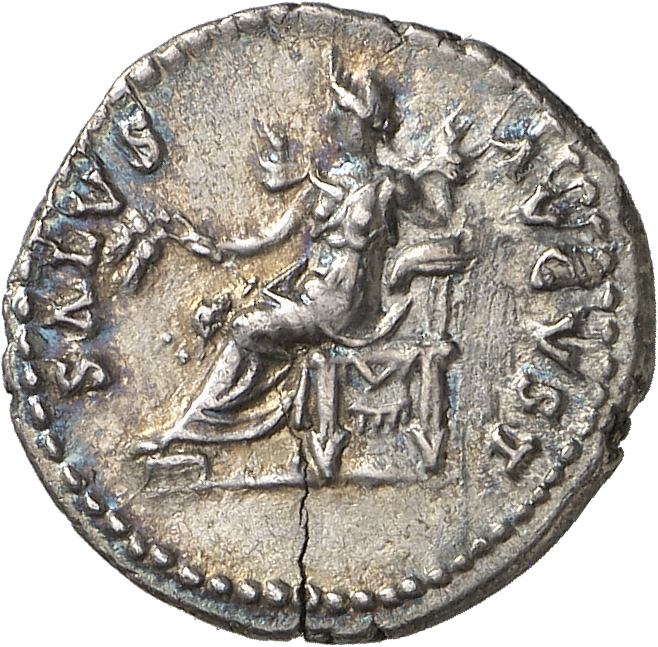RIC II, Part 1 (second edition) Domitian 145 Domitian reverse — Salus seated left, holding corn-ears and poppy
