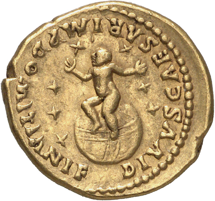RIC II, Part 1 (second edition) Domitian 152 Domitian reverse, Son of Domitian as infant standing on globe surrounded by s...