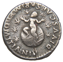 RIC II, Part 1 (second edition) Domitian 153 Domitian reverse, Son of Domitian as infant standing on globe surrounded by s...