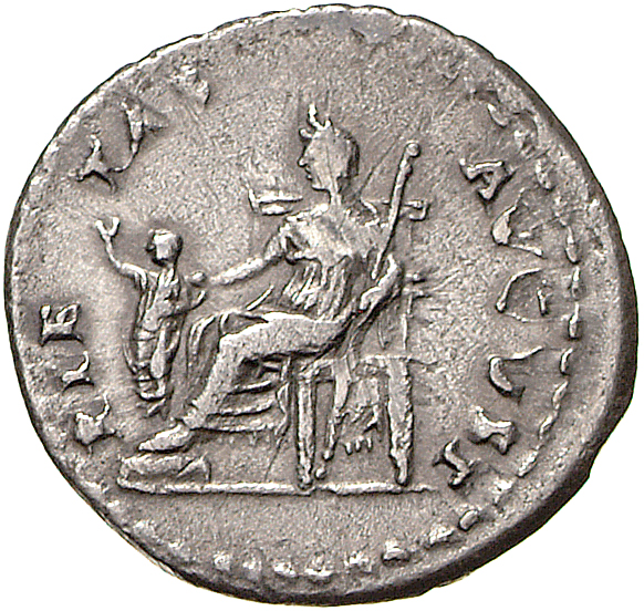 RIC II, Part 1 (second edition) Domitian 156 Domitian reverse, Pietas seated left, holding sceptre in left hand and holdin...