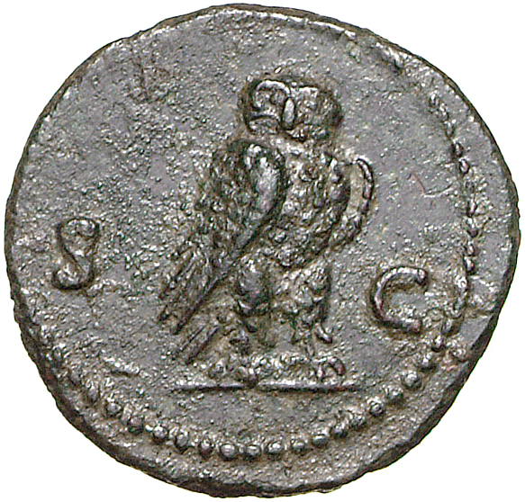 RIC II, Part 1 (second edition) Domitian 237 Domitian reverse, Owl standing right on branch, looking front