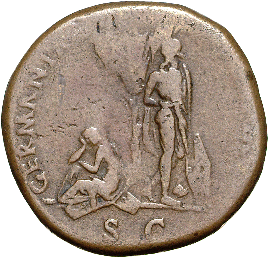 RIC II, Part 1 (second edition) Domitian 274 Domitian reverse, German captive, hands tied, head left, standing right by tr...