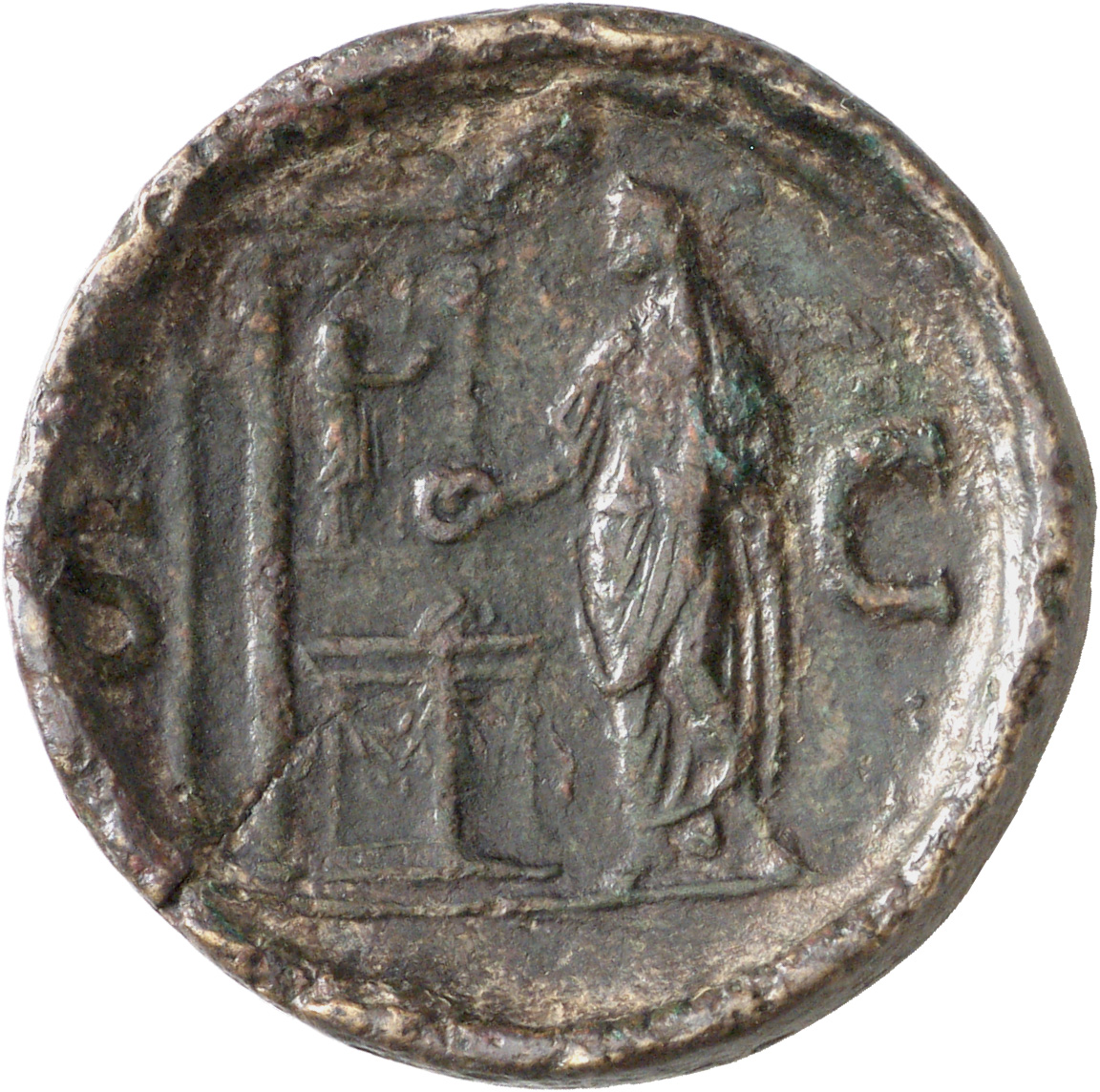 RIC II, Part 1 (second edition) Domitian 277 Domitian reverse, Domitian standing left sacrificing out of patera over light...