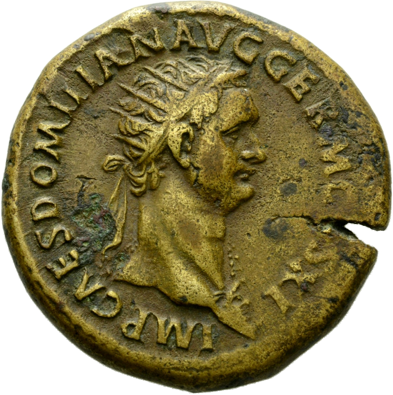 RIC II, Part 1 (second edition) Domitian 296 Domitian obverse, Bust of Domitian, radiate, right with aegis
