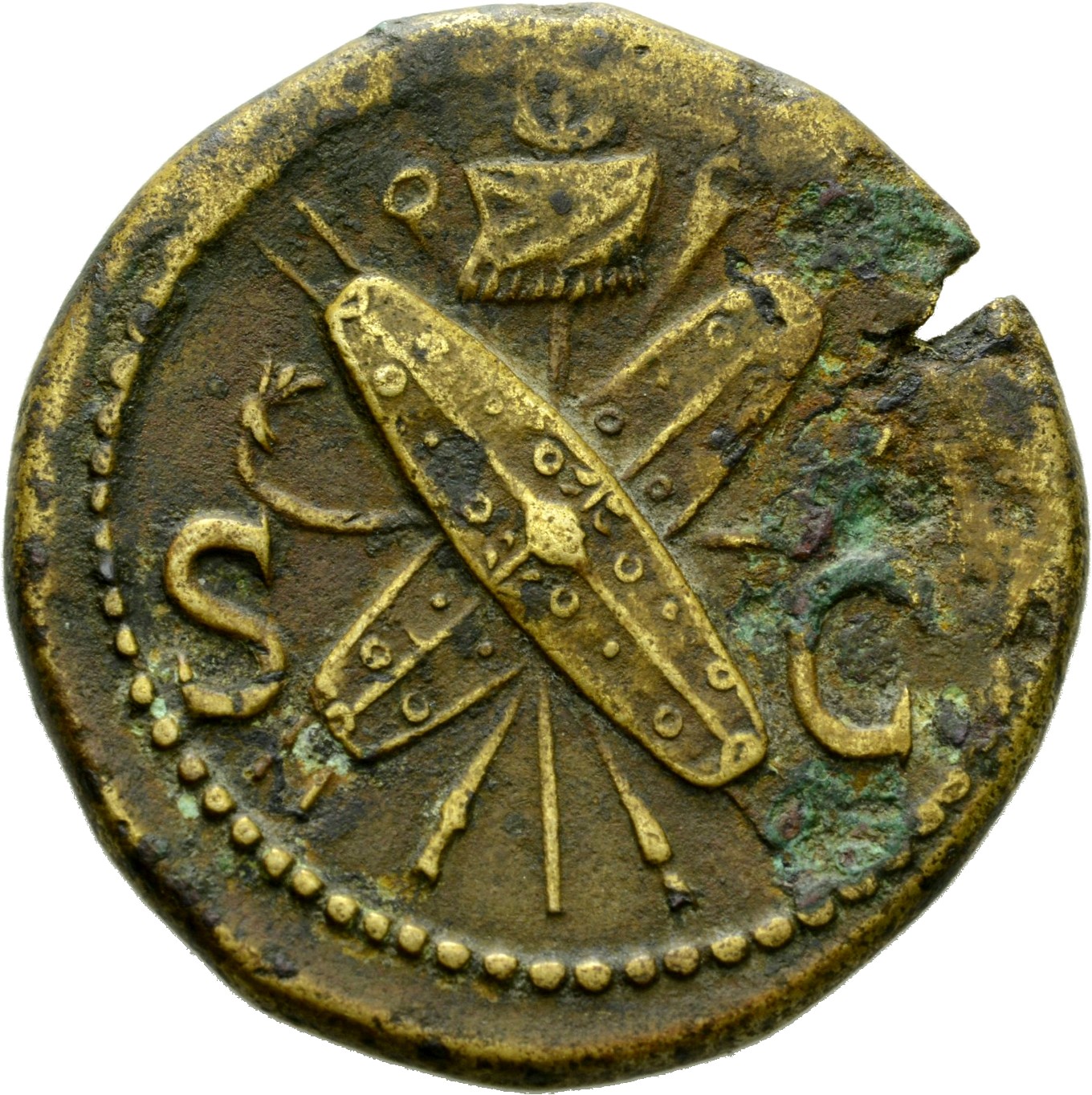 RIC II, Part 1 (second edition) Domitian 296 Domitian reverse, Oval shields crossed over crossed spears and trumpets, vexi...