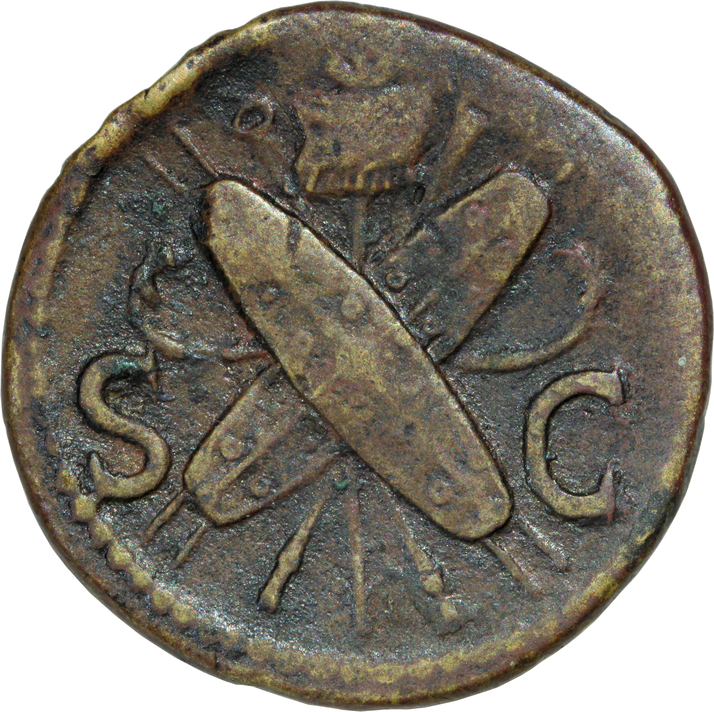 RIC II, Part 1 (second edition) Domitian 296 Domitian reverse, Oval shields crossed over crossed spears and trumpets, vexi...