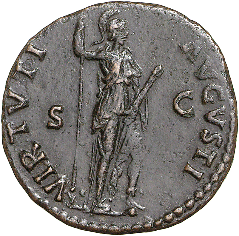 RIC II, Part 1 (second edition) Domitian 300 Domitian reverse, Virtus standing right, resting foot on helmet, holding spea...