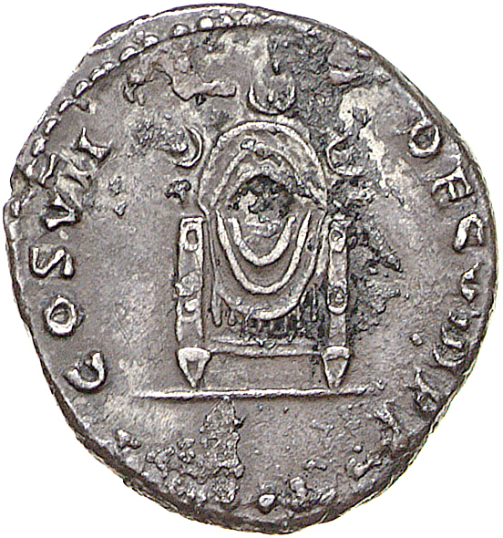 RIC II, Part 1 (second edition) Domitian 31 Domitian reverse, Square seat, draped; semicircular frame with three crescents...