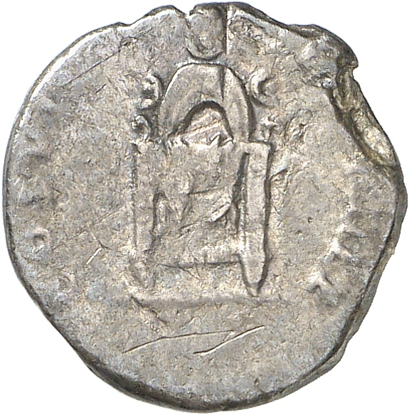 RIC II, Part 1 (second edition) Domitian 32 Domitian reverse, Square seat, draped; semicircular frame with three crescents...