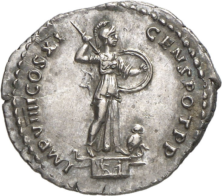 RIC II, Part 1 (second edition) Domitian 334 Domitian reverse, Minerva standing right on top of rostral column, holding sp...