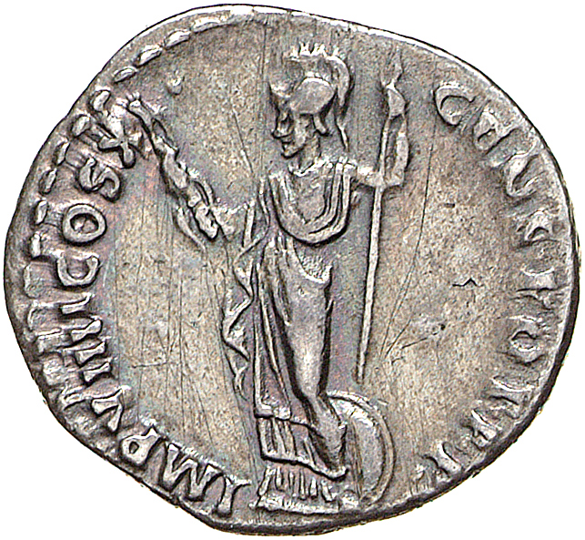 RIC II, Part 1 (second edition) Domitian 335 Domitian reverse, Minerva standing left, holding thunderbolt and spear; shiel...