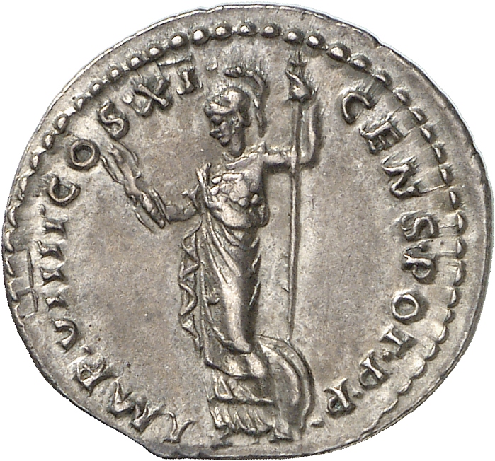RIC II, Part 1 (second edition) Domitian 336 Domitian reverse, Minerva standing left, holding thunderbolt and spear; shiel...