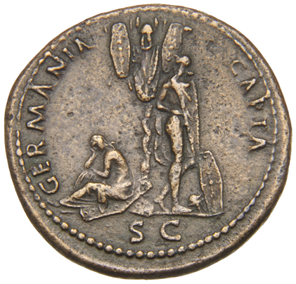 RIC II, Part 1 (second edition) Domitian 351 Domitian reverse, Trophy flanked on left by Germania seated left, head on arm...
