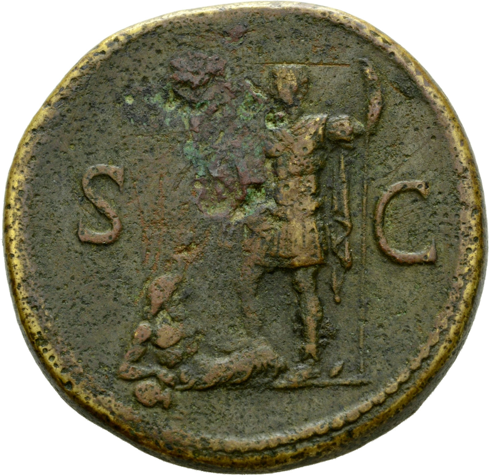RIC II, Part 1 (second edition) Domitian 356 Domitian reverse, Domitian standing left, holding parazonium and spear; Rhenu...